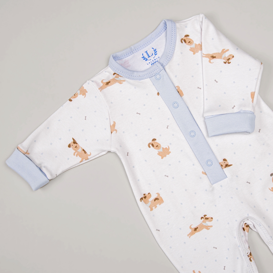 Macacão para Bebê Suedine com pé reversível e estampa de cachorrinho da marca Laleblu.