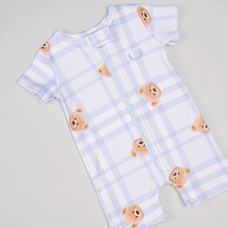 Macacão Zíper - Curto - Algodão Egípcio - Urso Xadrez Blue da Laleblu.