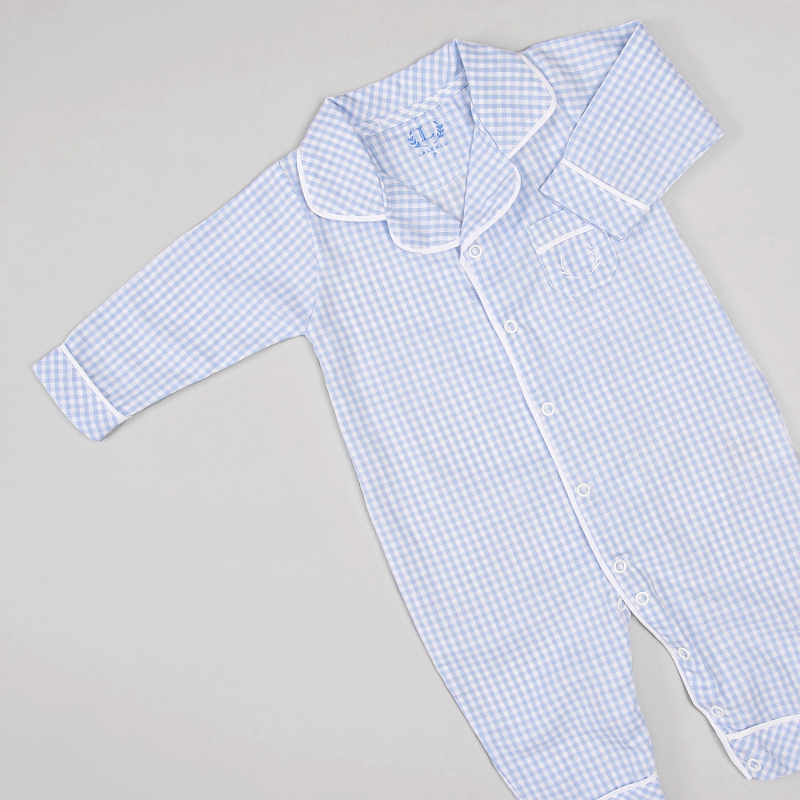 Macacão pijama em Tricoline - Estampa xadrez azul da marca Laleblu.