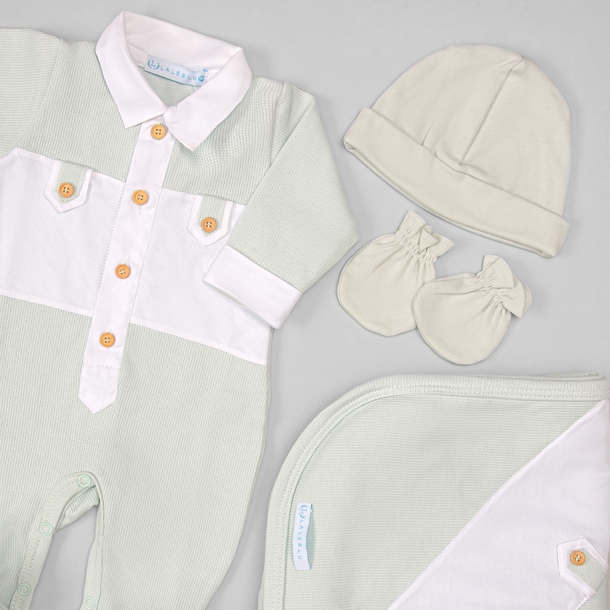 Macacão e Manta - Tricotil - Lucca - Verdinho e Branco da marca Laleblu.